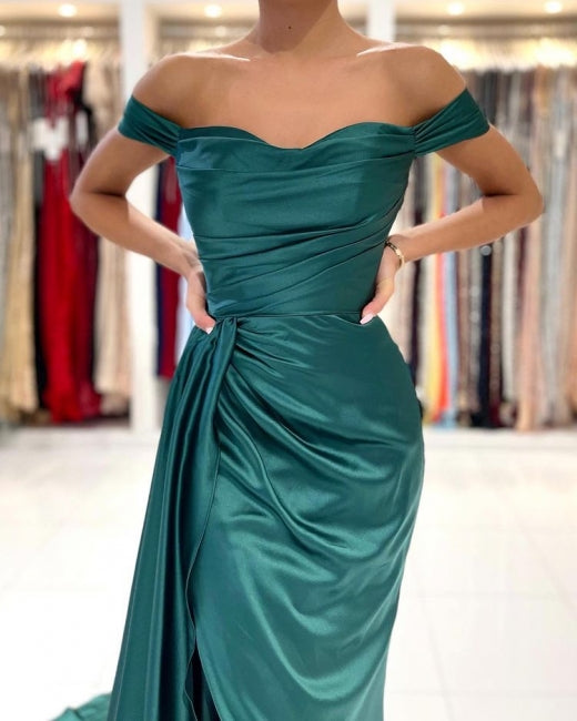 Robe de bal sirène longue vert foncé simple, épaules dénudées et fendue