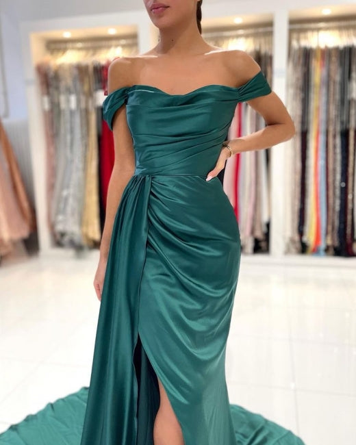 Robe de bal sirène longue vert foncé simple, épaules dénudées et fendue