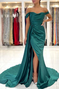 Robe de bal sirène longue vert foncé simple, épaules dénudées et fendue