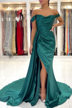 Robe de bal sirène longue vert foncé simple, épaules dénudées et fendue