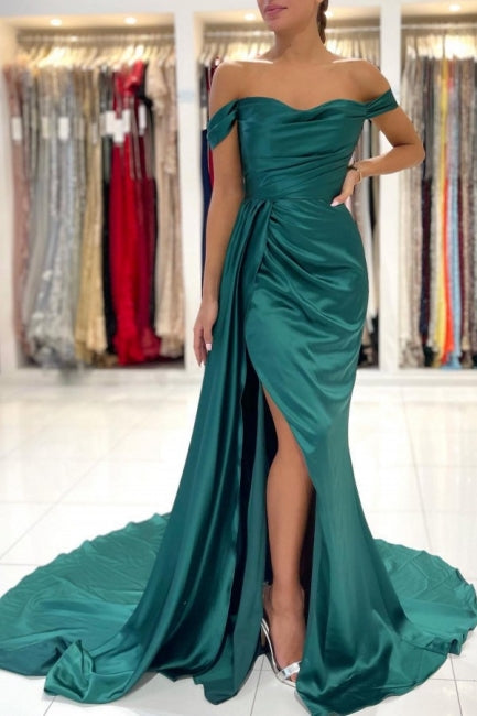 Robe de bal sirène longue vert foncé simple, épaules dénudées et fendue