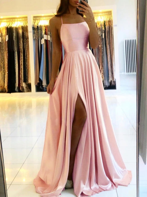 Vestido largo de noche sencillo, con tirantes finos, ideal para fiestas de graduación con abertura.
