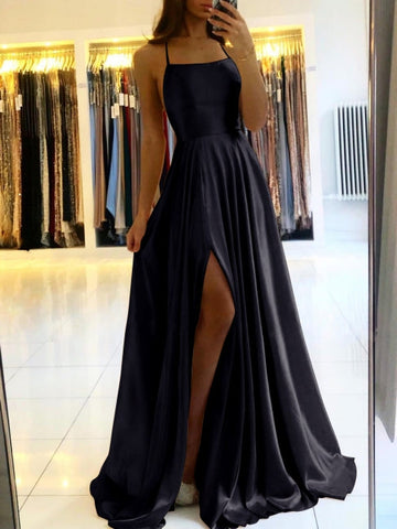 Vestido largo de noche sencillo, con tirantes finos, ideal para fiestas de graduación con abertura.
