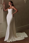 Robe de mariée sirène longue et simple en satin ivoire sans bretelles avec dentelle