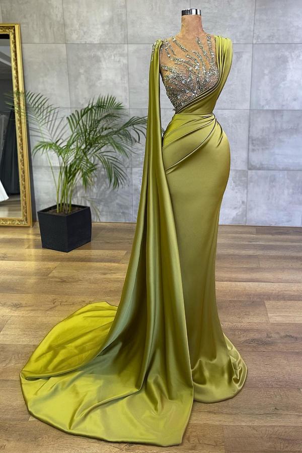 Robe de bal sirène longue et simple en satin ornée de bijoux