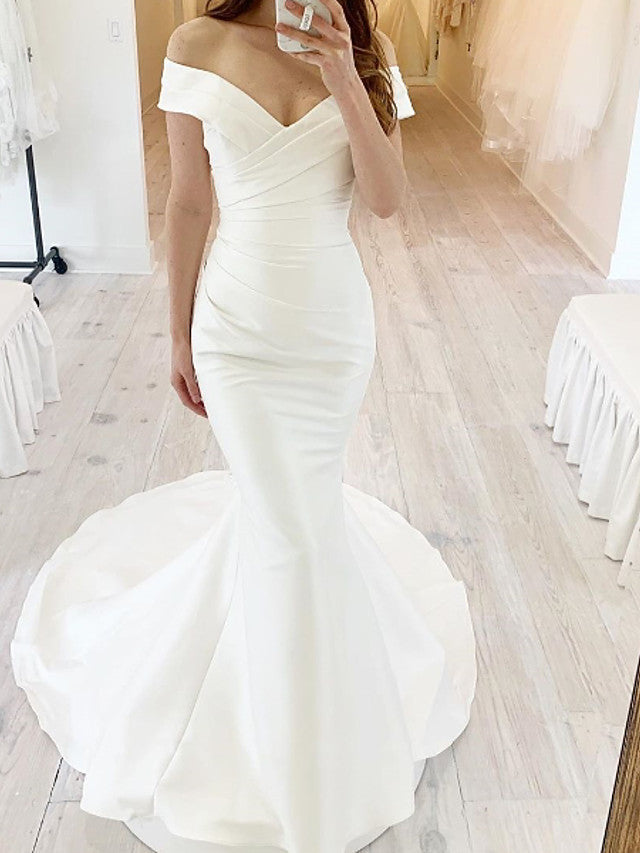 Vestidos de novia sencillos largos de sirena con hombros descubiertos, de gasa y satén