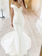 Vestidos de novia sencillos largos de sirena con hombros descubiertos, de gasa y satén