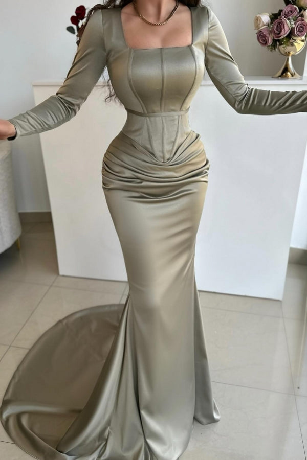 Robe de bal sirène simple et longue en satin à col carré et manches longues