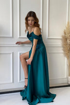 Robe de soirée trapèze simple, longue, épaules dénudées, robe de bal avec fente