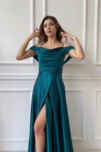 Robe de soirée trapèze simple, longue, épaules dénudées, robe de bal avec fente