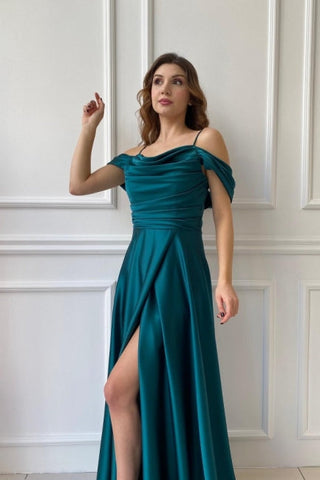 Simple Long Off-the-shoulder A-line Evening Dresses Prom Dresses With Slit