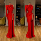 Vestido de fiesta largo de sirena rojo sencillo, de satén, con abertura y manga larga.