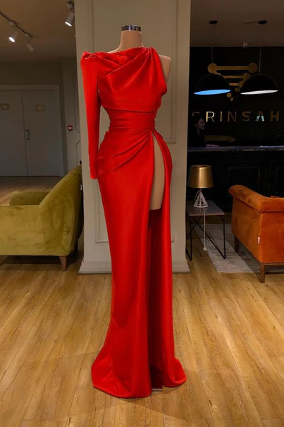 Vestido de fiesta largo de sirena rojo sencillo, de satén, con abertura y manga larga.