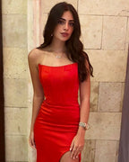 Robe de bal sirène longue rouge simple et sexy sans manches fendue