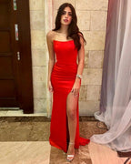 Robe de bal sirène longue rouge simple et sexy sans manches fendue