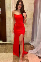 Robe de bal sirène longue rouge simple et sexy sans manches fendue