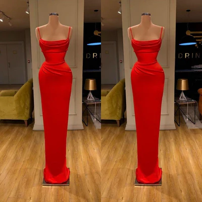 Vestido de fiesta largo rojo sencillo de tirantes finos, estilo sirena y sin mangas