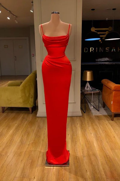 Vestido de fiesta largo rojo sencillo de tirantes finos, estilo sirena y sin mangas