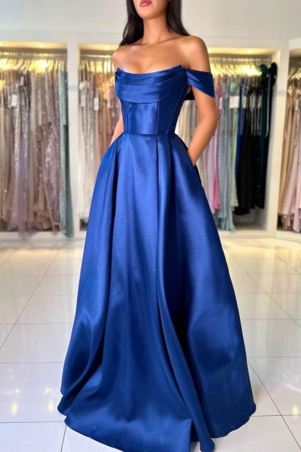 Vestido de fiesta largo y sencillo de satén azul real, corte en A, sin mangas, con hombros descubiertos