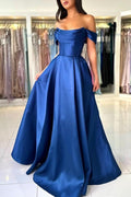 Vestido de fiesta largo y sencillo de satén azul real, corte en A, sin mangas, con hombros descubiertos