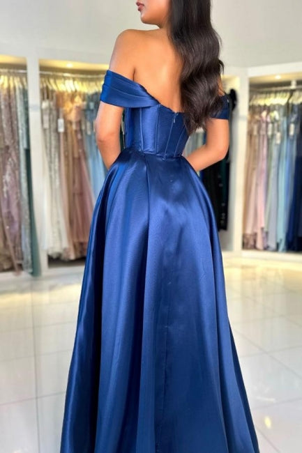 Vestido de fiesta largo y sencillo de satén azul real, corte en A, sin mangas, con hombros descubiertos