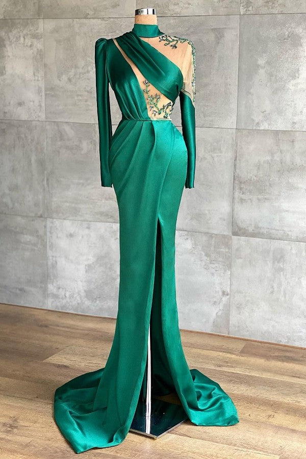 Robe de bal sirène simple à manches longues et col montant avec fente