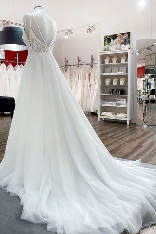 Vestido de novia sencillo, largo, con escote en V, lentejuelas, volantes, corte en A, tul y espalda descubierta