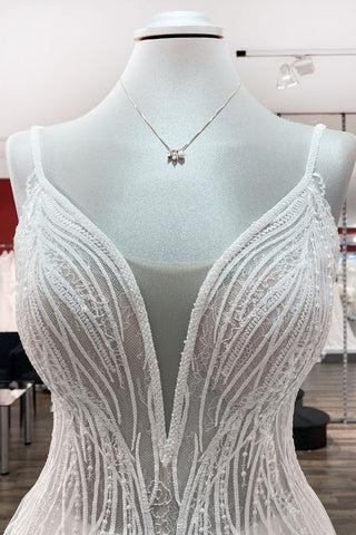 Vestido de novia sencillo, largo, con escote en V, lentejuelas, volantes, corte en A, tul y espalda descubierta