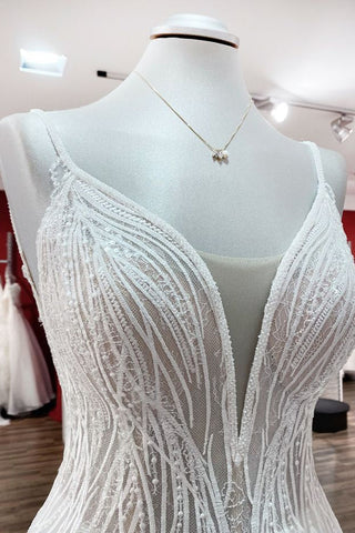 Vestido de novia sencillo, largo, con escote en V, lentejuelas, volantes, corte en A, tul y espalda descubierta