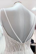 Simple Long V-neck Sequins Ruffles A-line Tulle Backless Wedding Dress