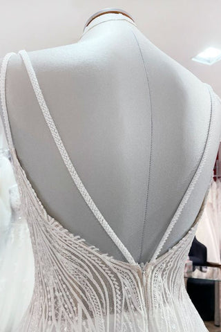 Vestido de novia sencillo, largo, con escote en V, lentejuelas, volantes, corte en A, tul y espalda descubierta