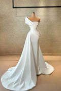 Robe de mariée sirène blanche simple et longue, asymétrique, en satin sans manches
