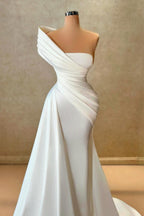 Robe de mariée sirène blanche simple et longue, asymétrique, en satin sans manches