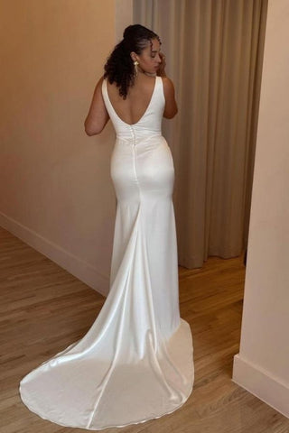 Vestidos de novia sencillos, largos, blancos, de satén, estilo sirena, sin mangas, con abertura