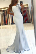 Vestido largo de fiesta de satén sencillo, estilo sirena, con un solo hombro y espalda descubierta