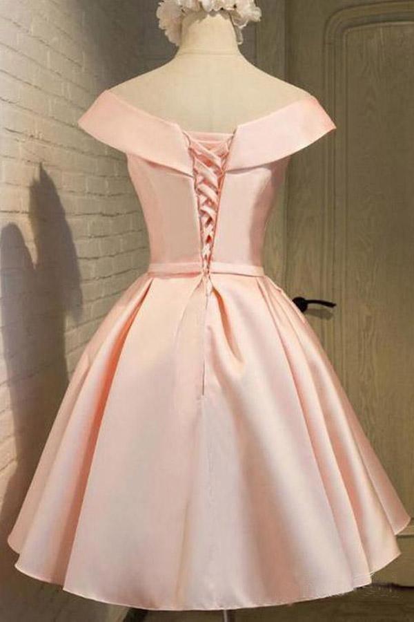 Vestido sencillo de fiesta de bienvenida color rosa rubor con hombros descubiertos, vestido de graduación de satén