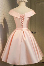 Vestido sencillo de fiesta de bienvenida color rosa rubor con hombros descubiertos, vestido de graduación de satén