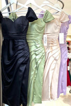 Robes de soirée simples à épaules dénudées, robes de bal courtes couleur sauge avec fente