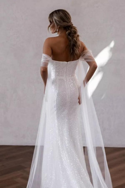 Robes de mariée sirène à paillettes, simples et à épaules dénudées