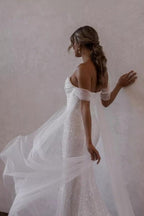 Robes de mariée sirène à paillettes, simples et à épaules dénudées