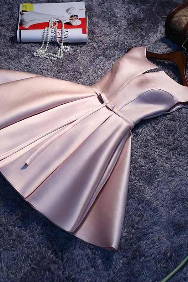 Robe de bal courte en satin rose simple, coupe trapèze, référence PD148