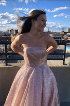 Simple Pink Long A-line Strapless Glitter Tulle Formal Prom Dresses