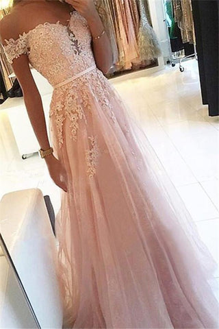 Vestidos de fiesta sencillos rosas con hombros descubiertos y apliques, vestidos de noche elegantes sin mangas de tul suave.