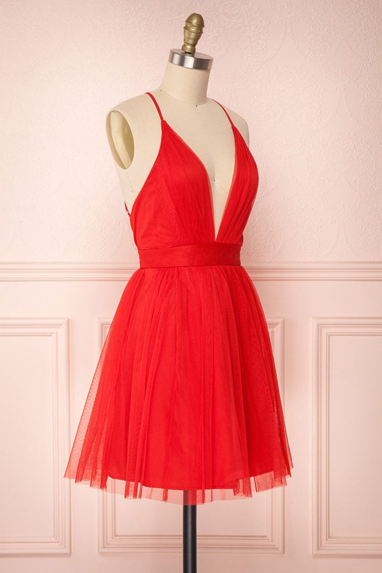 Robe de bal courte rouge simple en tulle, coupe trapèze, col en V et dos nu