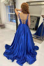 Vestidos de fiesta formales de graduación, sencillos, largos, de satén azul real, corte en A, sin espalda, para la noche o el baile de graduación.