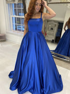Vestidos de fiesta formales de graduación, sencillos, largos, de satén azul real, corte en A, sin espalda, para la noche o el baile de graduación.