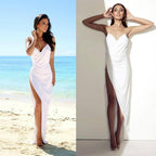 Robe de mariée simple, sexy, dos nu, fente latérale, bretelles spaghetti, style plage WD506