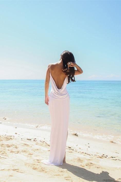 Robe de mariée simple, sexy, dos nu, fente latérale, bretelles spaghetti, style plage WD506
