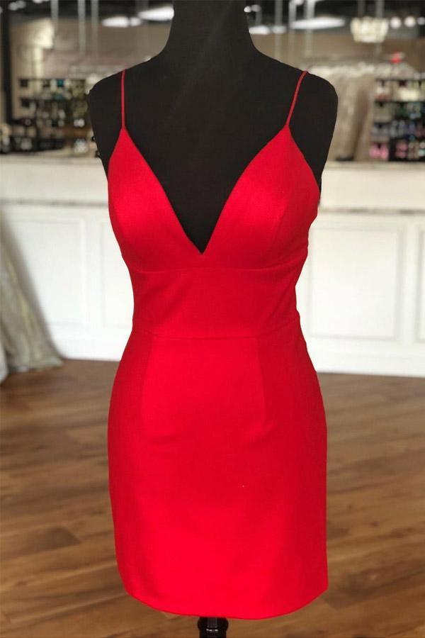 Robe de soirée rouge mini à bretelles et col en V, coupe fourreau simple, référence PD398
