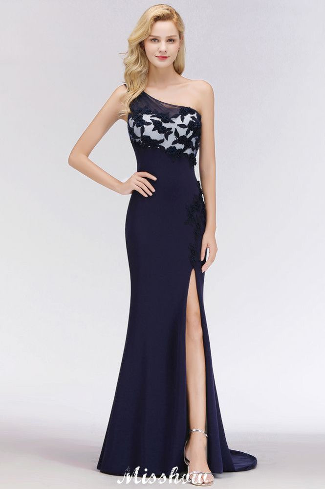 Simple Side Split One-Shoulder Prom Dresses | A-Line Sleeveless Mermaid Floral Appliques Evening Dresses